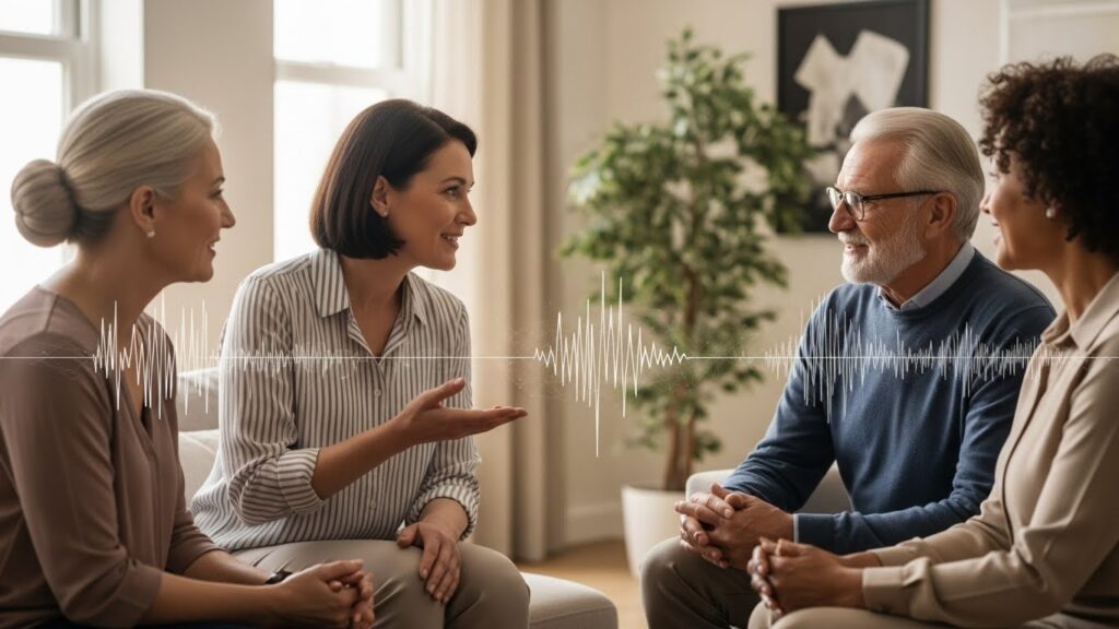 Origem do ThAC Por Que Adultos e Idosos São o Foco - Adultos e idosos conversando de forma natural em um ambiente calmo, representando a integração entre audição e cognição no treinamento auditivo funcional.